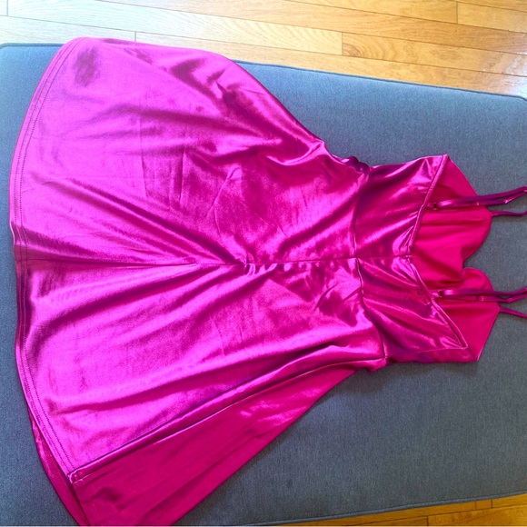 Lulus Shine Sweetly Magenta Mini Satin Skater Dress XS - Picture 2 of 2
